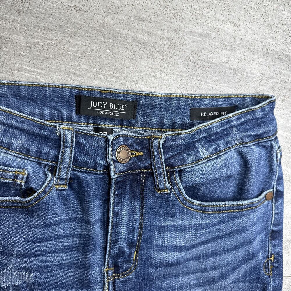 JUDY BLUE Relaxed Fit Mid Rise Distressed Jeans Sz 27 Ankle Dark Blue JB8271 DK - Picture 3 of 5